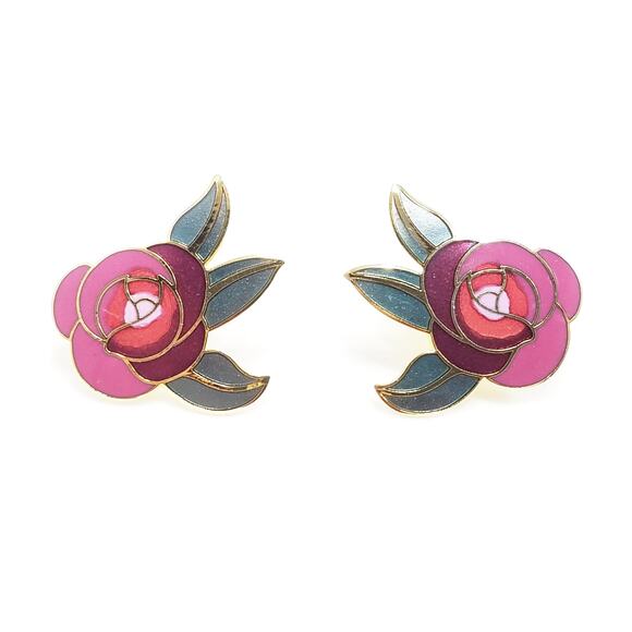 Vintage Laurel Burch "Deco Rose" Earrings, Gold Cloisonne Posts, Gold Plated - Picture 8 of 10